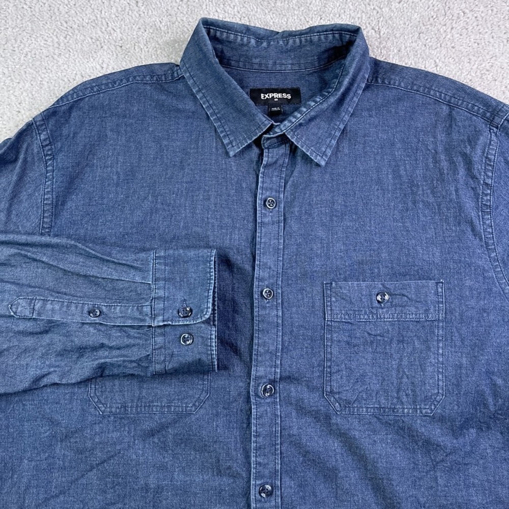Express Shirt Mens XL Blue Denim‎ Long Sleeve Button Up Casual Pockets